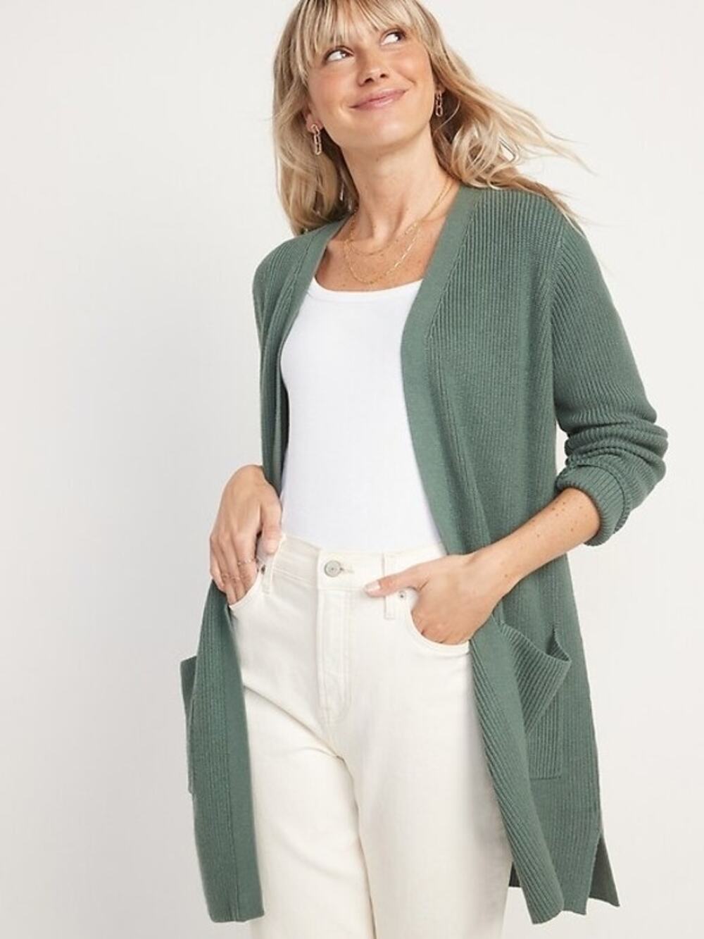 Old Navy Shaker Stitch Longline Open Front Cardigan Patch Pockets